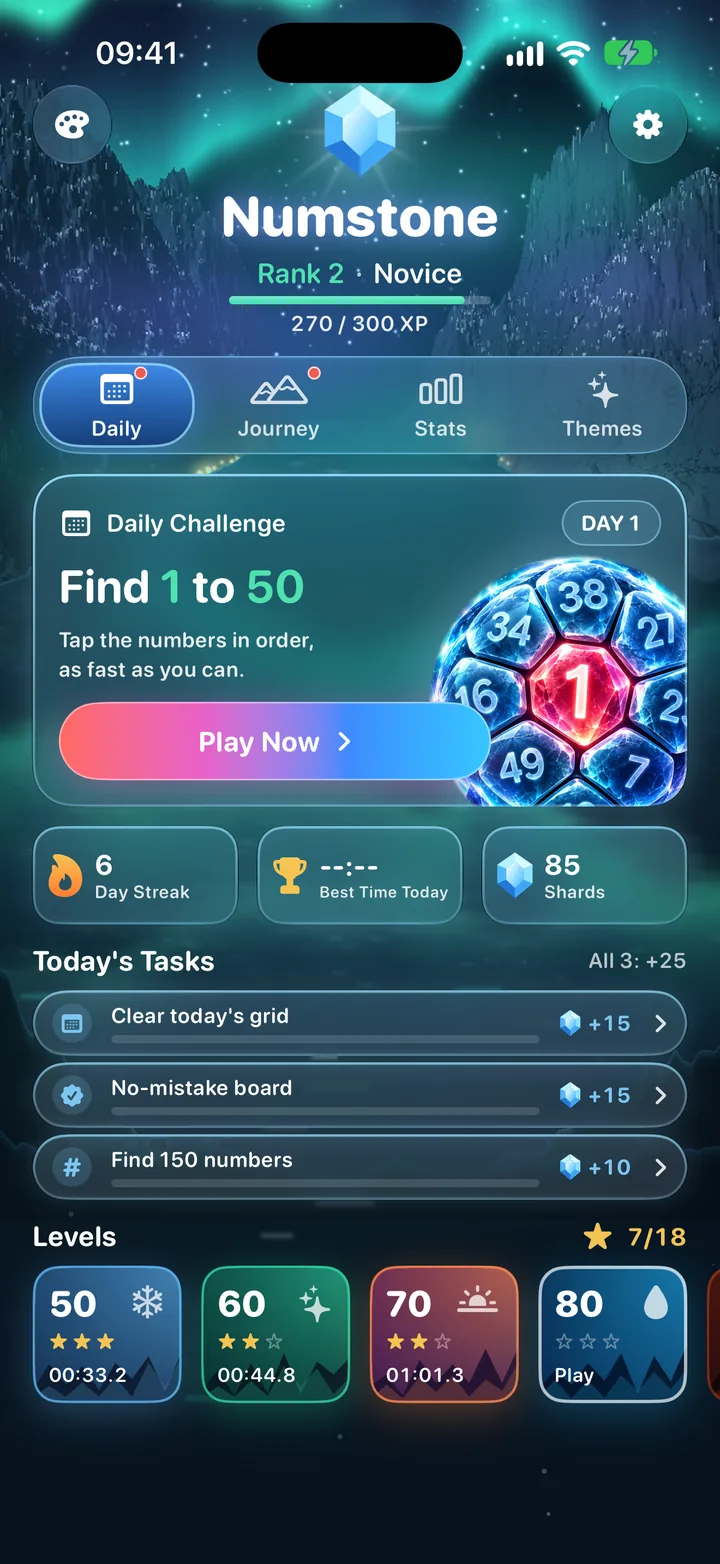 The Numstone home screen with the daily challenge, a six-day streak and the level list.